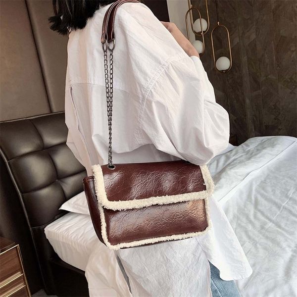 

fashion splicing pu plush handbag women autumn shoulder messenger bag portable large capacity commuter totes