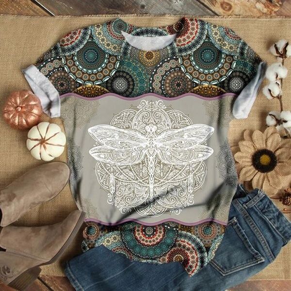 

35# plus size women short sleeve 3d animal dragonfly printed o-neck tee t-shirt woman tshirts dropshipping, White