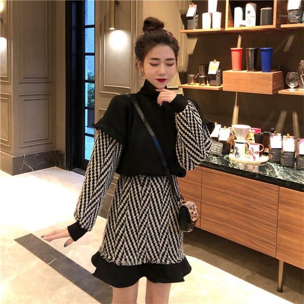 

autumn winter two piece set women turtleneck sweater pullover + high waist skirt set tracksuit vintage herringbone pattern a3221, White