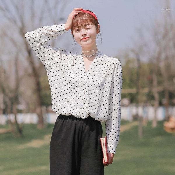 

v-neck polka dot womens blouses long sleeve cotton chiffon blusa feminina1, White