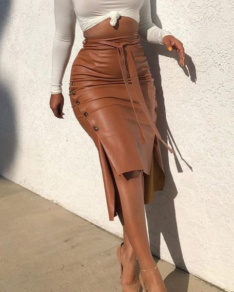 

fashion new women's faux leather midi skirt high waist button trim slim solid color slit bodycon pencil skirt with belt1, Black
