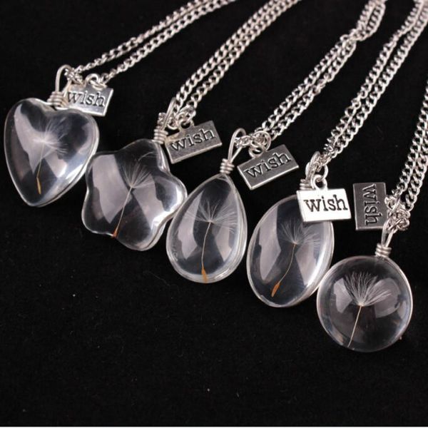 

2020 fashion wishing dandelion crystal pendant necklace heart water drop shape simple clear glass pendant jewelry for women men, Silver