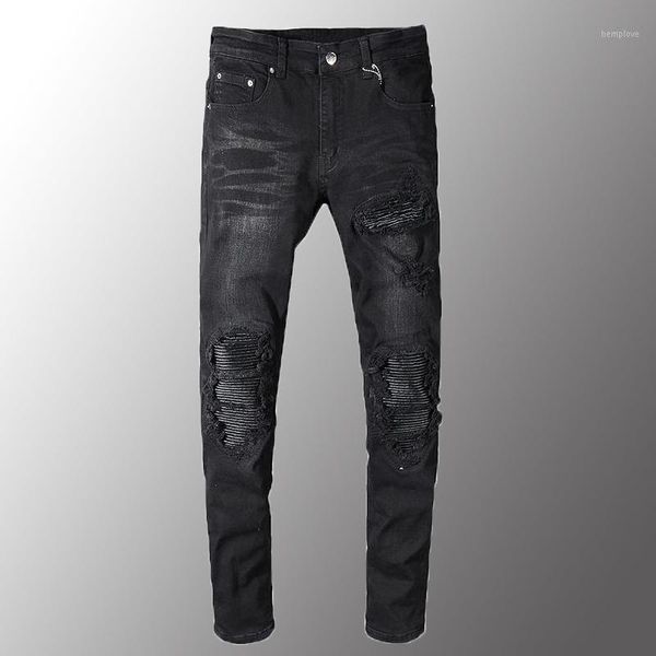 

men jenas luxury men's black pu leather patchwork biker jeans for motorcycle slim skinny ripped stretch denim pants1, Blue