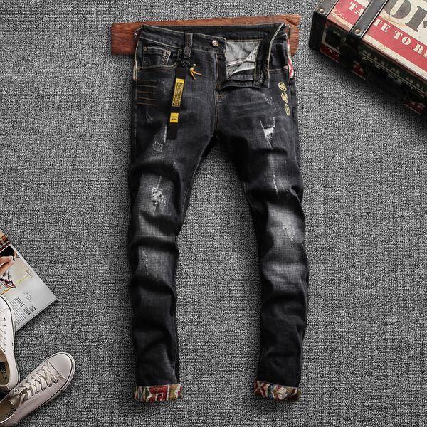 

2021 new newly designer fashion men jeans elastic slim fit ripped denim pants streetwear patchwork hip hop long trousers ozkc, Blue