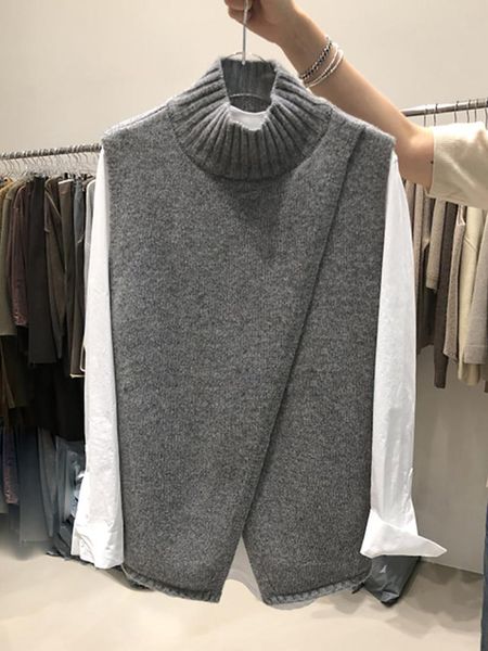 

women's vests [ewq] autumn winter fashion 2021 women casual loose solid color turtle collar tweed shoulder sleeveless pullover vest8d33, Black;white