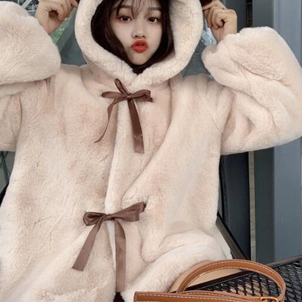 

women's fur & faux lucyever furry coat women hooded bear ears cute belt jacket woman winter preppy style clothes femme, Black