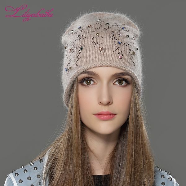 

liliyabaihe women autumn and winter hat angora knitted skullies beanies cap classic color diamond decoration hats for girls y200102, Blue;gray