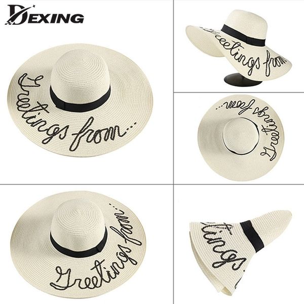 

summer wide big brim straw hats letter sun hats for women uv protection panama beach hats ladies floppy hat chapeau femme y200602, Blue;gray