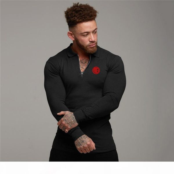 

muscleguys brand polo shirt men spring autumn mens long sleeve gym slim fit turn collar zipper fitness poloshirt men sports polos jersey, White;black