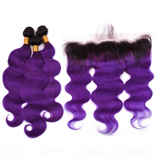

dark roots ombre purple body wave indian human hair weave bundles with frontal #1b purple ombre lace frontal closure 13x4 with weaves, Black;brown