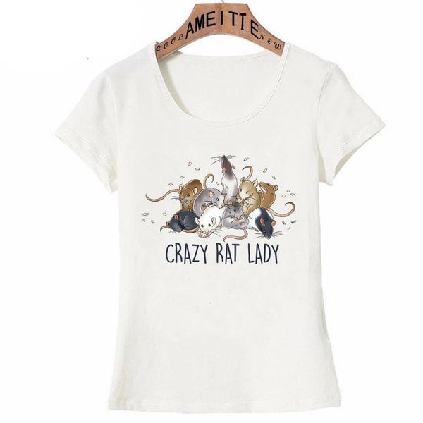 

cute crazy rat lady print t-shirt fashion women short sleeve funny animal design casual tees funny girl mujer tee shirt, White