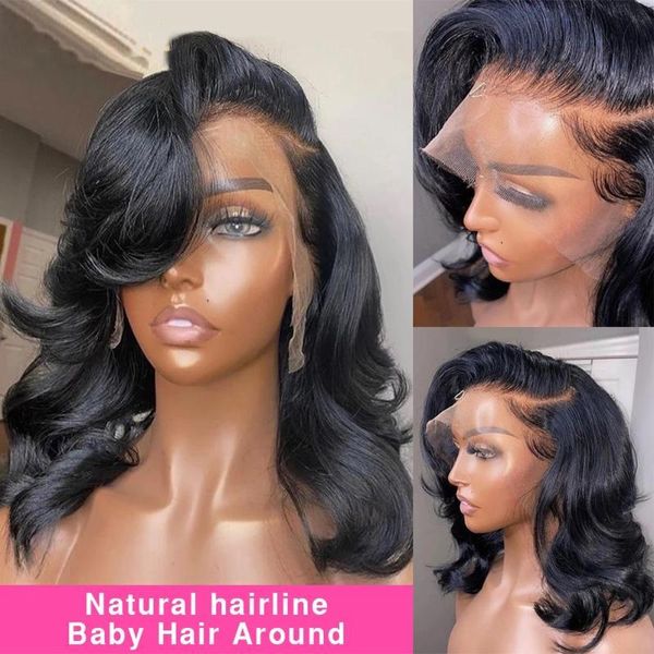 

150% density lace wigs short bob front wig with baby hair 13x4full glueless human for women pixie cut closure natural hairline virgin, Black;brown