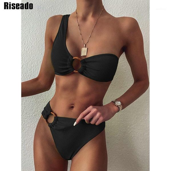 

riseado one shoulder bikini set high waist swimsuit swimwear women ribbed biquini 2020 solid summer beach wear ring bathing suit1, White;black