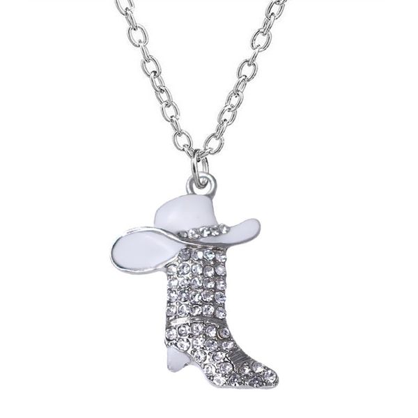 

pendant necklaces transparent rhinestone crystal inlaid enamel metal cowboy boots & hat charm necklace customizable wholesale, Silver
