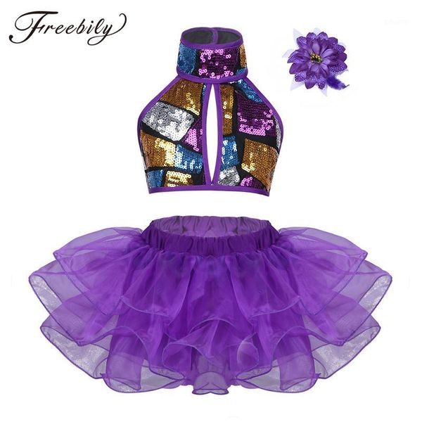

purple girls modern dance costumes ballroom dancing halter shiny sequins crop with skirts hair clip ballet jazz dancewear1, Black;red