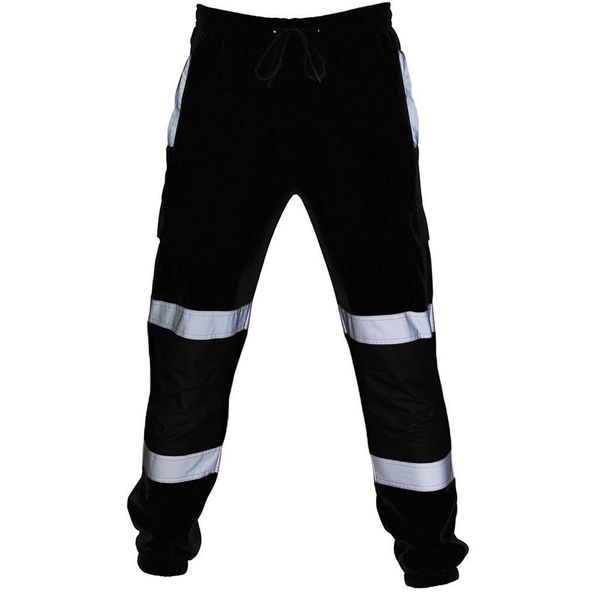 

men pants sweatpants casual road work high visibility splicing overalls pocket trouser sport pants streetwear pantalon homme, Black