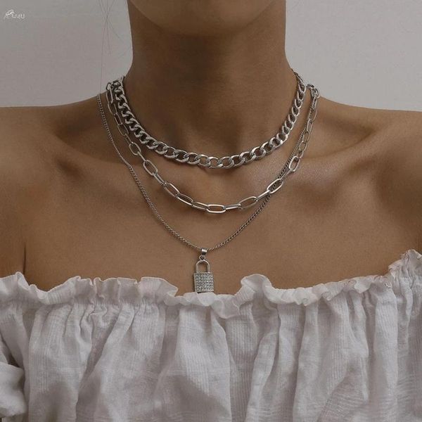 

aomu 1set 2020 fashion multilayer hip hop lock pendant necklace for women vintage metal silver color necklace jewelry wmtjuj, Black