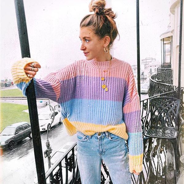 

2019 women's rainbow sweaters macaron slim knitted pullover o-neck autumn&winter knitwear ladies short jumper woman 1, White;black