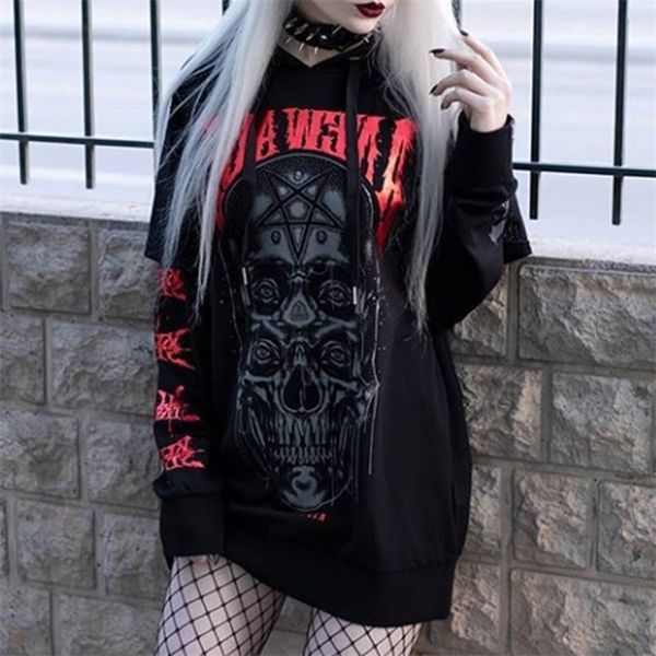 

rosetic gothic skull print black hoodie women hooded sweatshirt large sizes casual streetwear hip hop oversized hoodies 201028