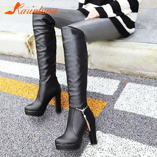 

slip-on metal decroation spike high heels platform round toe knee high boots solid stretch women boots female shoes footwear, Black