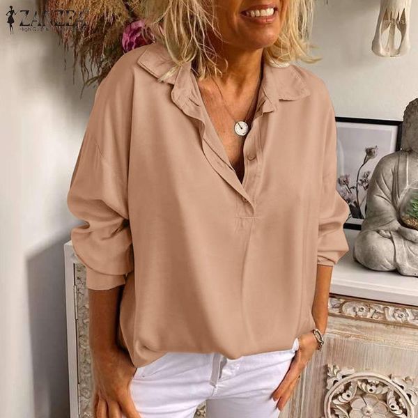 

2021 shirts for women zanzea ladies turn down collar blouse casual solid oversized 5xl spring long sleeve blusa femininas1, White