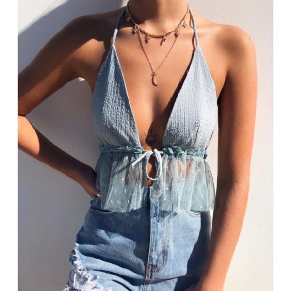 

cotton mesh v neck crop cami summer style 2019 women spaghetti strap camisole backless shirt, White