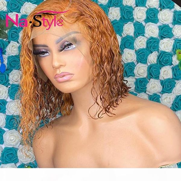 

orange ginger lace front wig for black women pixie wig human hair short bob 360 lace frontal water wave brazilian 150 remy, Black;brown