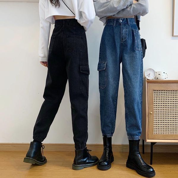 

streetwear pencil jeans women safari cowboy style female casual harajuku loose high waist denim wide leg pants 2020 autumn korea, Blue