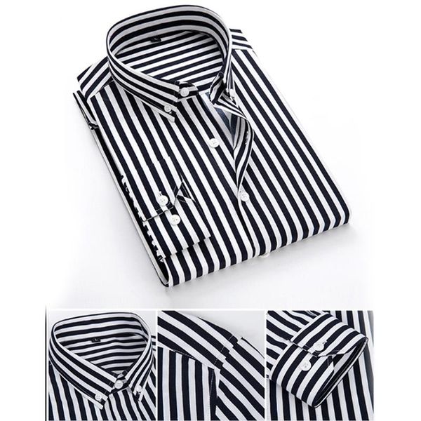 

mens business casual long sleeved men button shirt classic striped slim fit male social men's dress shirts outwear, White;black
