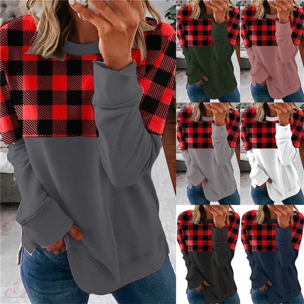 

plus size spring autumn women patchwork plaid t-shirt long sleeve round necks fashion loose blouse casual sports home clothes g11401, Blue;red