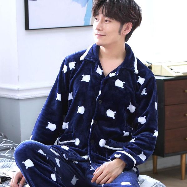 

men's pajamas thick plaid sleepwear set man embroidery pajama set long shirt pant warm flannel winter homewear big size, Black;brown