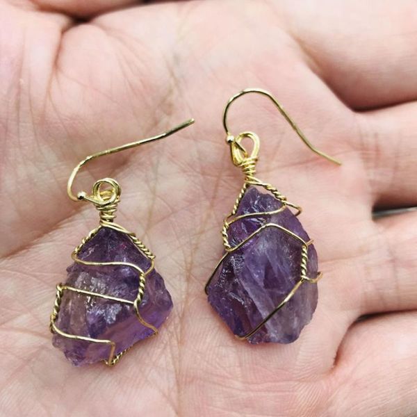 

FYJS Unique Light Yellow Gold Color Wire Wrap Irregular Shape Amethysts Stone Dangle Earrings Rock Crystal Jewelry, Silver