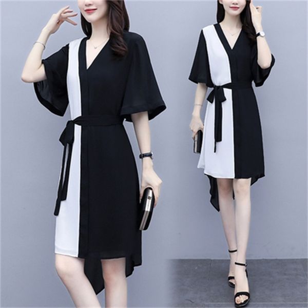 

female black and white contrast ragged ladies dresses of fiesta robe femme plus size korean dress r96j, Black;gray