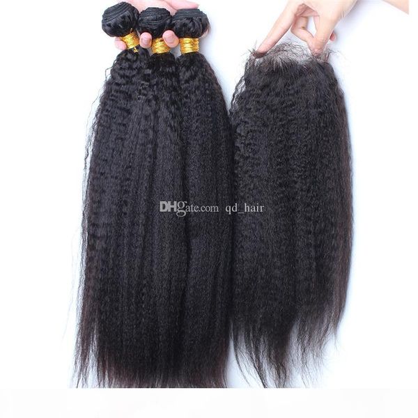 

good quality kinky straight hair bundles with lace closure 4pcs lot italian coarse yaki hair weaves with 4x4 lace closure, Black