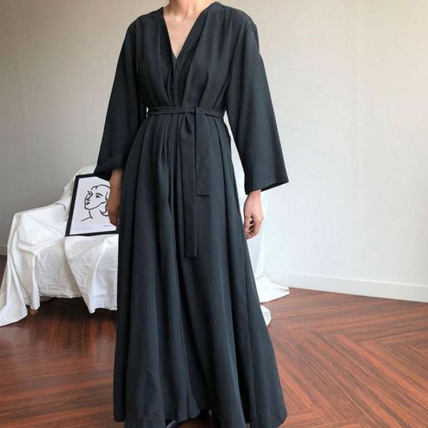 

casual dresses plus size women vintage spring fall loose chiffon long shirt dress v-neck sashes full sleeve maxi solid color robe, Black;gray