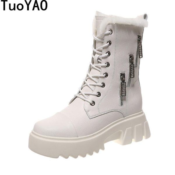

women's mid calf boots platform high heel shoes winter keep warm fur motorcycle boots footwear lace-up snow woman booties, Black