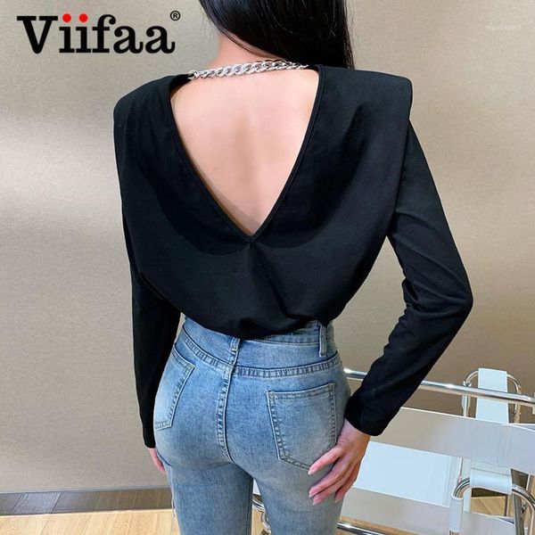 

viifaa oversized t shirt shoulder pad elegant chain backless black women long sleeve autumn 2020 elegant ladies tshirts1, White