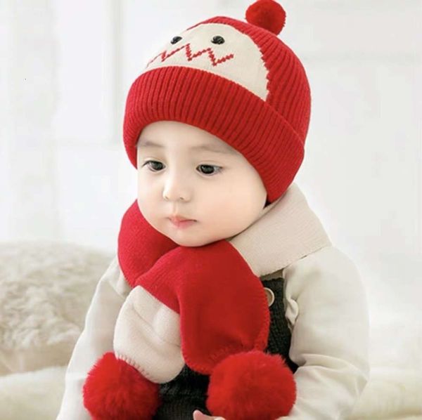 

thickened hat scarf two piece set warm baby boys and girls lovely knitting wool cap winter, Red;brown