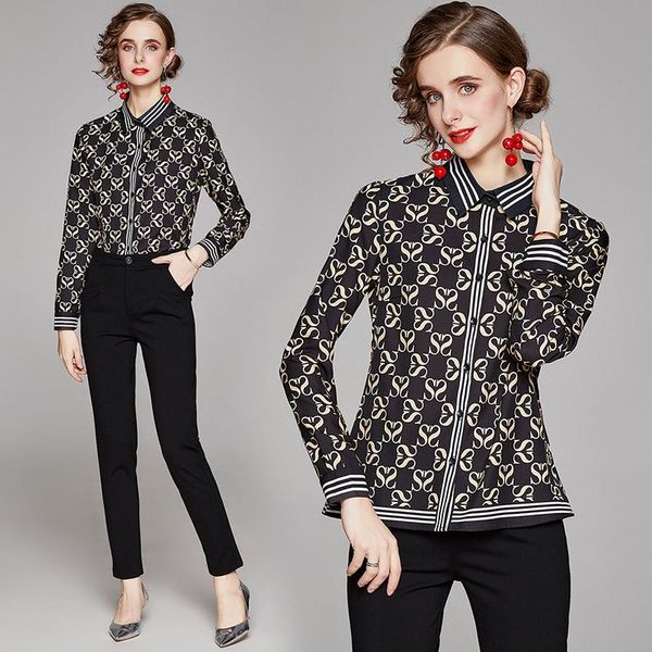 

dropshipping spring summer fall runway vintage letters print collar long sleeve women ladies party casual shirts blouse, White