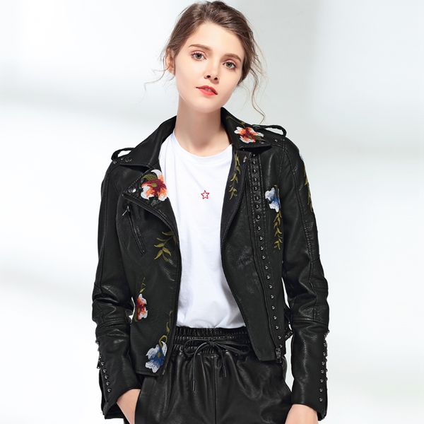 

women's floral print embroidery faux soft leather jacket jacket night collar casual pu motorcycle black punk jacket