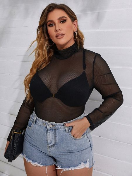 

plus mock neck mesh bodysuit without lingerie 815t#, Black