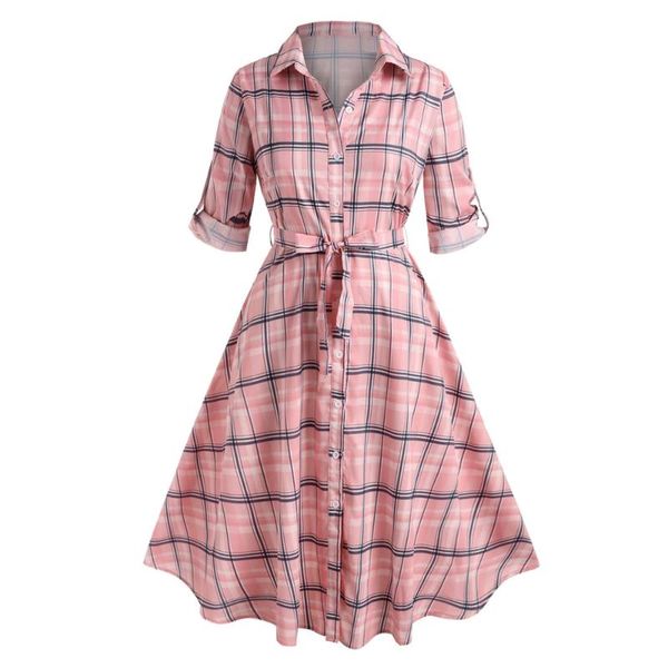 

casual dresses 2021 plus size roll up sleeve plaid shirt dress 5xl ties belts women pink checked 3/4 sleeves high waist vestidos, Black;gray