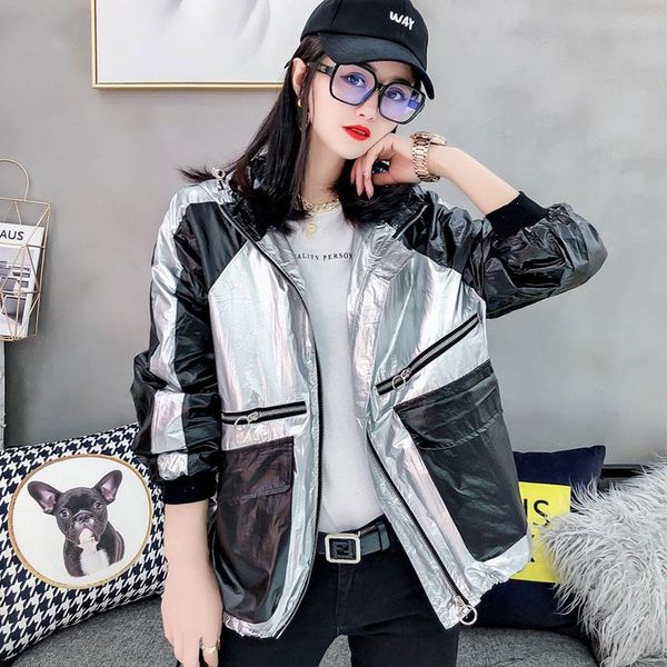 

women's trench coats 2021 silver windbreaker female loose fashion hooded baseball uniform locomotive thin women m389, Tan;black