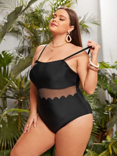 

plus contrast mesh scallop trim one piece swimsuit o7ci#, Black