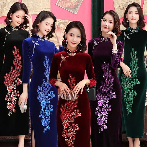 

oversized l-5xl chinese qipao women's weeding party cheongsam ladies long dress warm autumn winter clothing1, Red
