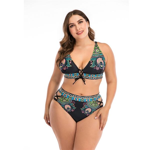 Imprimir Plus Size Bikini Set Mulheres High Waist Swimsuit 4XL Fios Femininos Big Big Bra Dois Peça Bikini Push Up Beach Wear para 100kg T200508