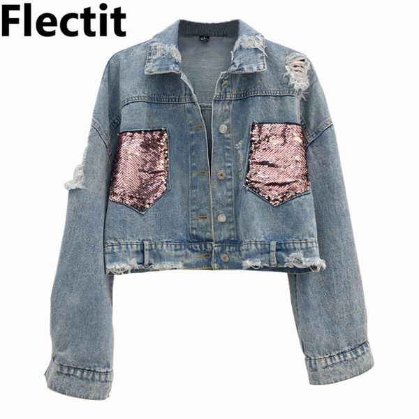 

flectit vintage 80s sparkled sequin crop denim jacket women frayed long sleeve contrast pockets jeans jackets, Black;brown