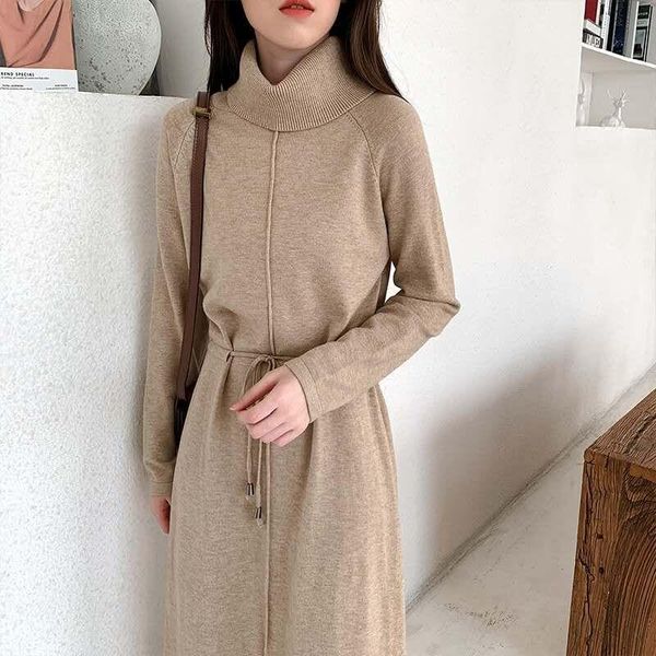 

casual dresses women turtleneck loose long sweater dress robe knitted sweaters autumn winter drawstring female oversize maxi 2021, Black;gray