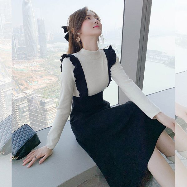 

2021 new spring thin dressed in knitted or crocheted two pieces black slivers white sleeve long women's dresses y239 hb4h, Black;gray