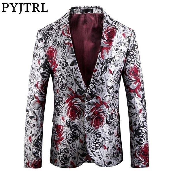 PYJTRL Mens Fashion Jacquard Rose Motivo floreale Blazer casual Hombre Wedding Groom Party Costumi di scena Giacca slim fit 201104